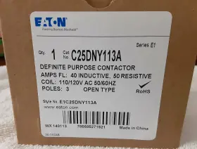 C25dny113a Eaton Contactor C25dny113a. 40a. 120v 3p. New In Box. Free Shipping