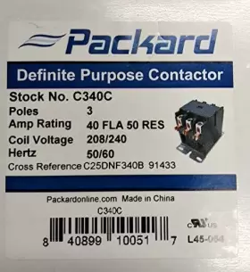 C340c Packard Inc 3 Pole 40 Amp Contactor 208/240 Volt Coil #3